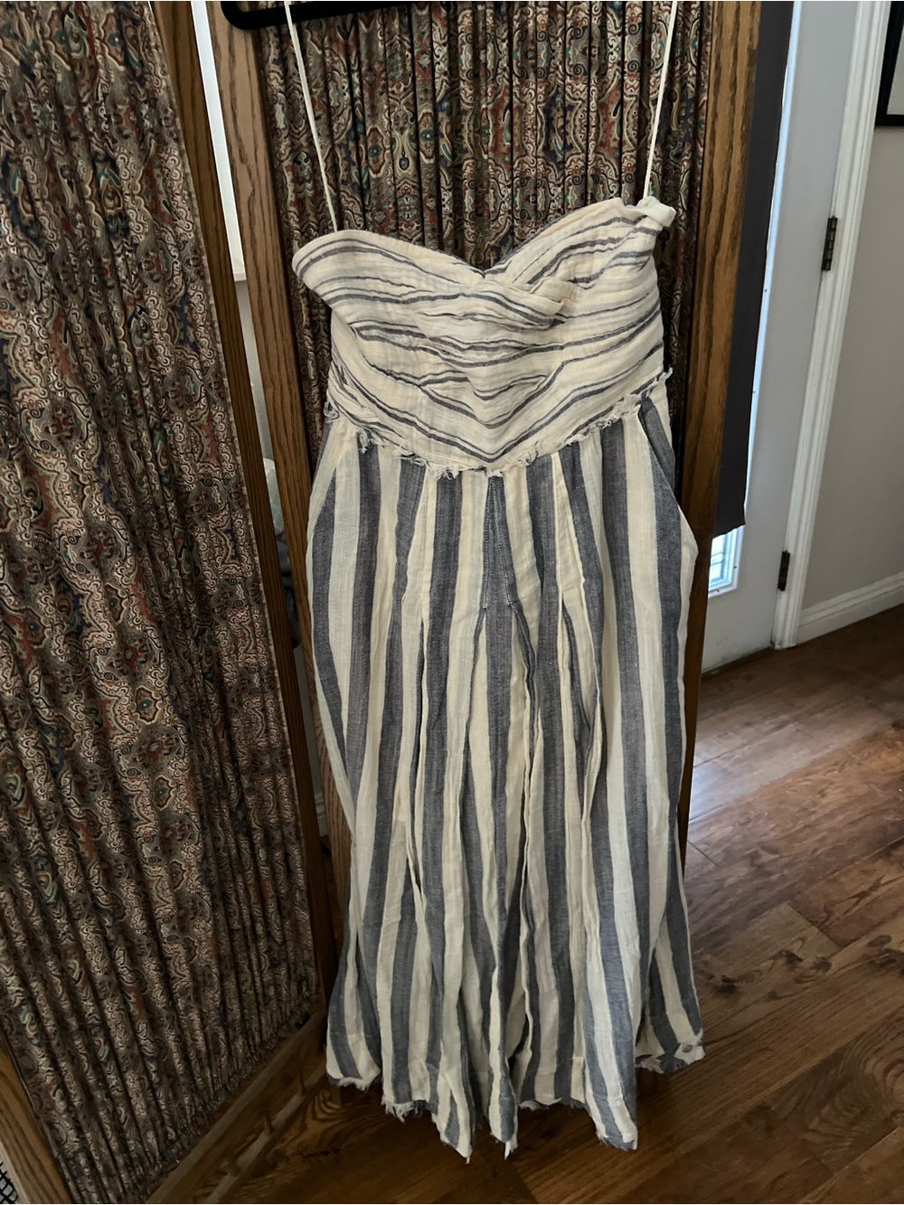 Free People Blue and White Striped Strapless Midi Dress Gauze material